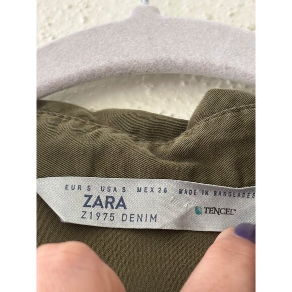 Zara Tencel Olive Button-Up Longline Shirt Dress W/ Tie Sleeve Detail S - Picture 4 of 10